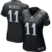 Load image into Gallery viewer, Women's Carson Wentz Black Philadelphia Eagles Super Bowl LII Bound Patch Game Event Jersey 2019