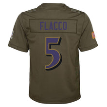 Load image into Gallery viewer, Youth Baltimore Ravens Joe Flacco Nike Olive Salute to Service Game Jersey